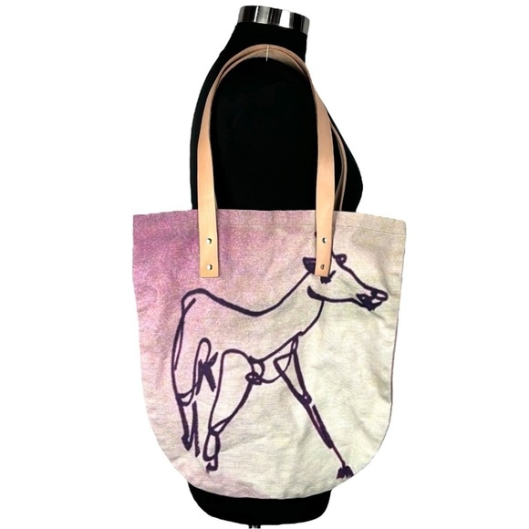 PAOM PRINT ALL OVER ME HAPPY COW CANVAS LEATHER HANDLE TOTE BAG - Picture 2 of 9